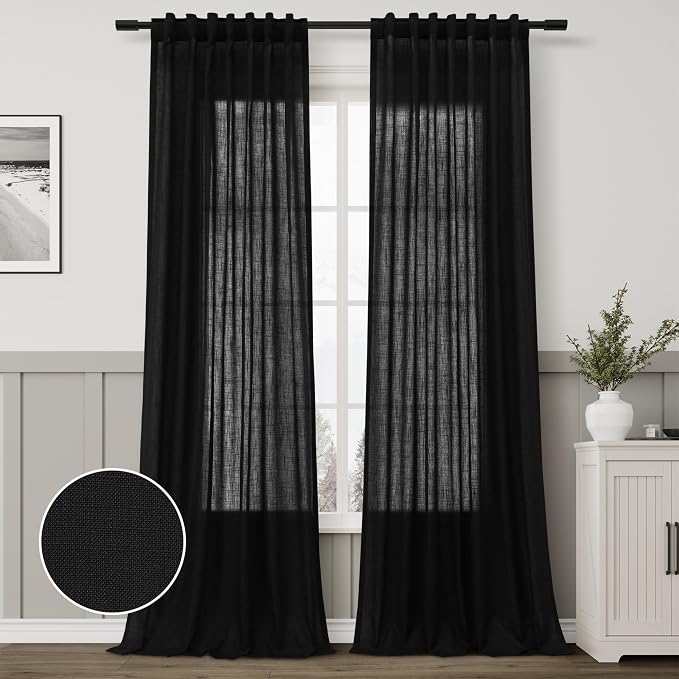 Black Curtains 96 Inches Long Cotton Linen Rod Pocket Back Tab Semi Sheer Black Drapes Privacy Light Filtering Lightweight Aesthetic Modern Elegant Boho Window Curtains 2 Panel Sets for Living Room
