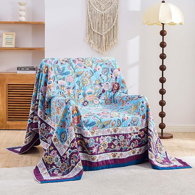 XIBLC Fall Blanket for Bed, 100% Cotton Soft Rustic Boho Throw Blanket Quilt, 60"x80" Farmhouse Decor Bed Flower Blankets, Light Weight Reversible Bohemian Throw Quilt