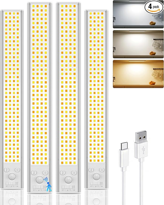 12inch Under Cabinet Lighting, 152LED Motion Sensor Light Indoor, USB Rechargeable Closet Lights, 3 Color Temps, Dimmable, Wireless Under Counter Lights for Kitchen, Stairs, Pantry, 4 Pack