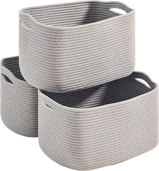Grey Storage Baskets for Organizing Shelves, Woven Cotton Rope Basket for Storage, Gray Baskets for Toys, Cute Shelf Basket for Living Room Bedroom, 14.8"×11"×9.5", Pack of 3, Grey