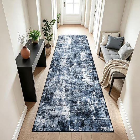 Rugflix 2'6"x8' Runner Rug for Hallway, Washable Navy Blue Long Runners | Machine Washable; Stain-resistant; Low Pile; Non-slip; Modern Abstract; Black Carpet for Entrance Kitchen Hallway Home