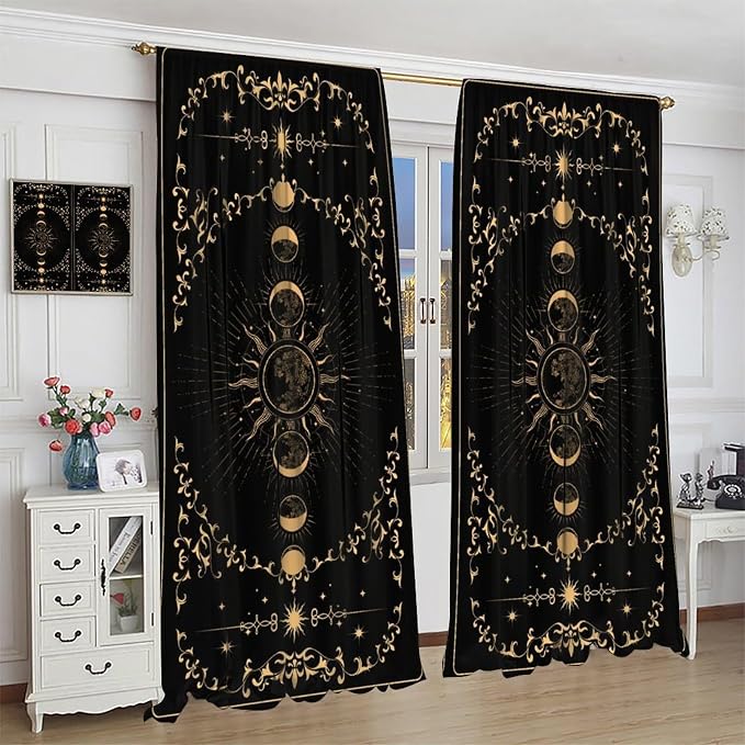 Sun Moon Blackout Curtains, Retro Bohemian Gold Sun Moon Stars Magic Art Window Treatment Drapes for Bedroom Living Room 72" W X 63" L