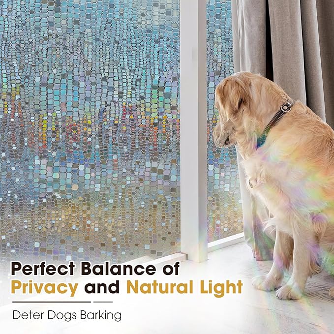 Windimiley Rainbow Window Privacy Film, 3D Stained Glass Christmas Decorative Window Clings, UV Heat Blocking Holographic Prism Stickers for Home (17.5 x 157.5In,Brown)