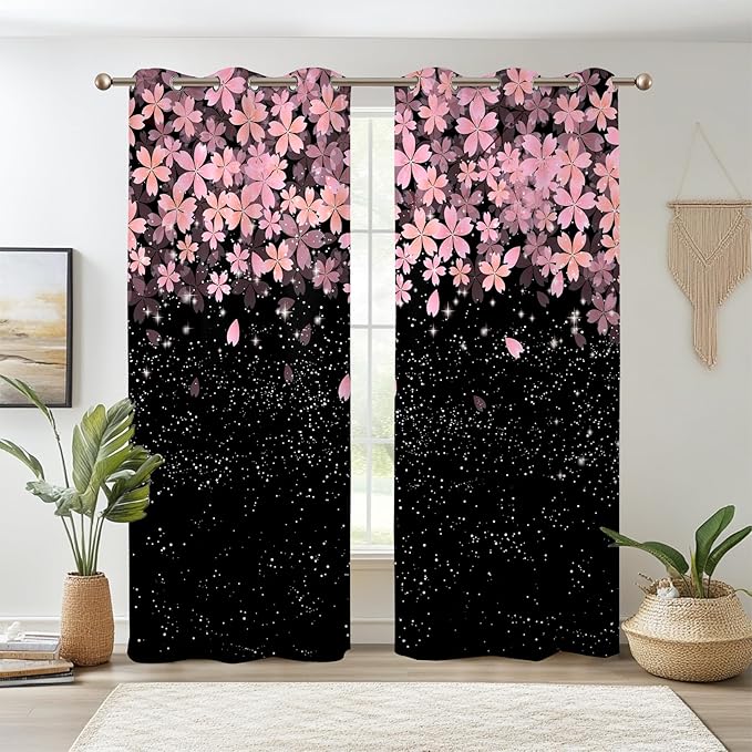 Renaiss Pink Cherry Patels Blackout Curtains, Japanese Cherry Flowers Thermal Insulated Bedroom Window Curtains, Black Floral Bossom Window Drapes for Living Room, 108" L x 53" W 2 Panel Set