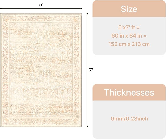 GENIMO 5x7 Washable Area Rugs for Living Room, Non Slip, Pink | Vintage Boho Floral Low Pile Thin Carpet for Bedroom, Dining Room, Nursery, Indoor Decor