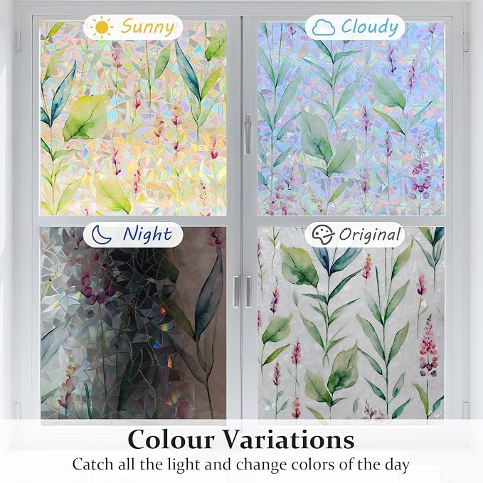 Donox Decorative Window Privacy Film, 3D Floral Stained Glass Window Film Static Cling Rainbow Privacy Sticker for Glass Door Heat Control Anti UV, No Adhesive (Gladiolus,35.4 x 78.7 inches)