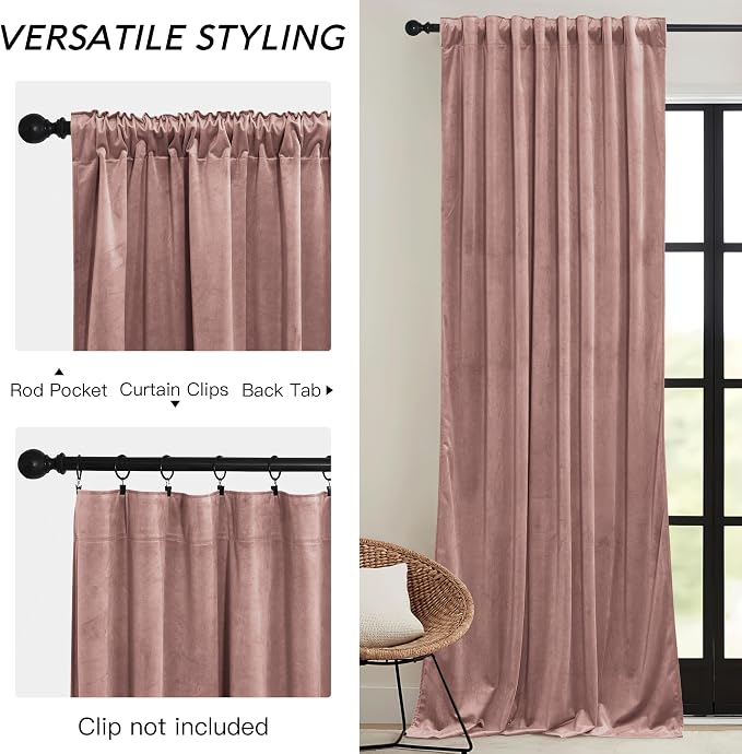 RYB HOME Dusty Pink Velvet Curtains for Bedroom Living Room, Thermal Insulated Privacy UV Heat Blocking Luxurious Drapes for Nursery Dining Room, 52"W x 108"L, 2 Panels, Rod Pocket/Back Tab/Hook Belt