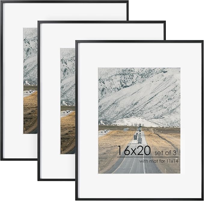 FLYJOE 16x20 Metal Picture Frame For Wall With Mat For 11x14, 16''x20'' Aluminum Photo Frames With Tempered Glass, Minimalist Modern Poster Frame Horizontally Vertically Set of 3, Black