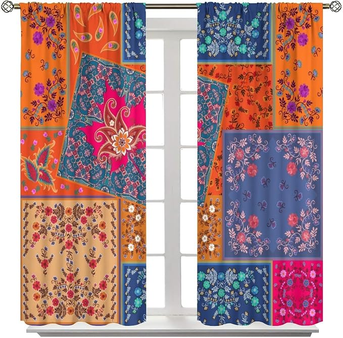 Bohemian Patchwork Blackout Curtains, Paisley Floral Print Window Treatments, for Bedrooms, Living Rooms, and Kitchens63X72 Inch