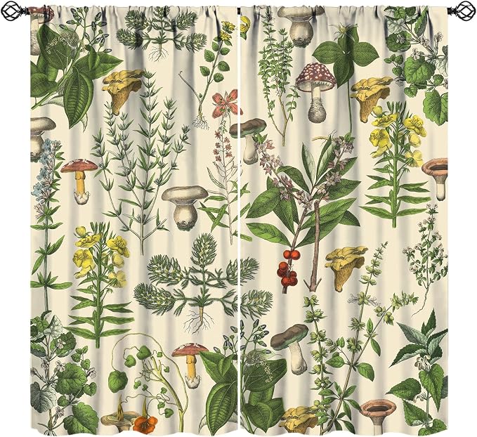 Vintage Botanical Curtains,Antique 1900s Plants Herbs Mushroom Blackout Window Drapes for Kitchen,Boho Retro Wildflower Green Leaf Ferns Farmhouse Window Treatment for Living Room 52x84in
