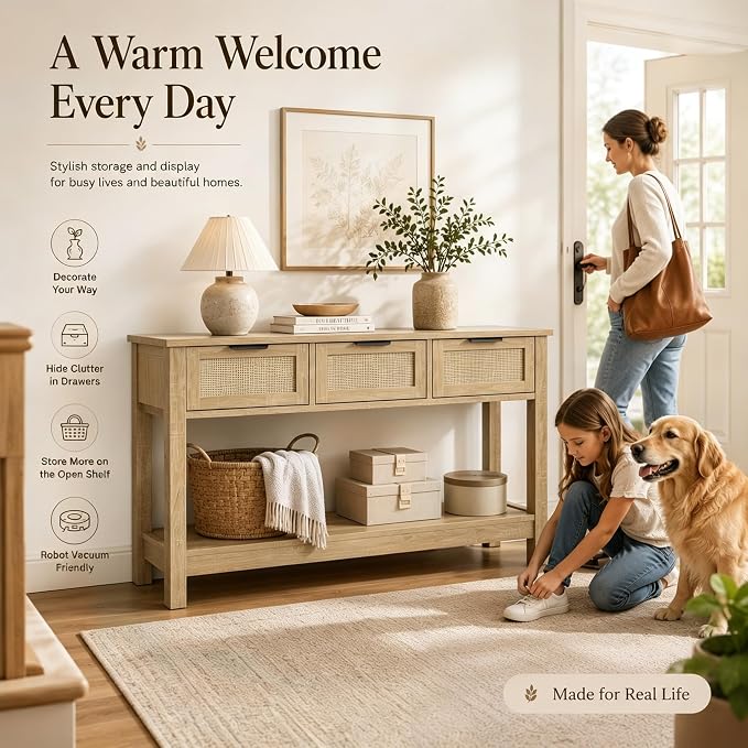 Luoxiao Rattan Console Table 3-Drawer 47" Narrow Wood Entryway Sofa Table | Trendy Boho Hallway Foyer Storage, Open Shelf, Sturdy Entry Table for Living Room, Couch, Easy Assembly, Anti-Tip, Natural