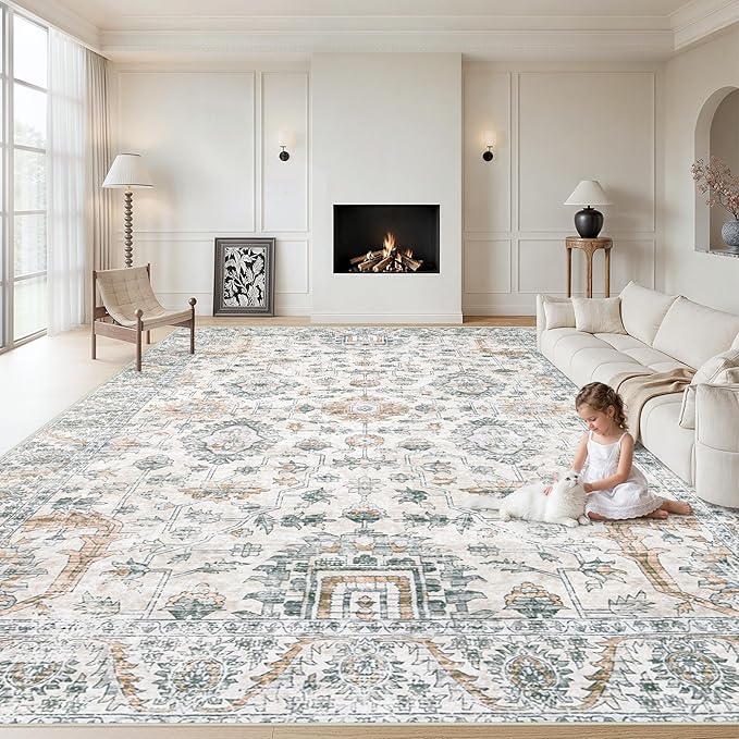 XLUEZ Area Rug 10x14 Living Room Rugs, Machine Washable Vintage Distressed Boho Area Rug Non-Slip Soft Low Pile Large Indoor Rugs for Bedroom Kitchen Dining Room Office(Brown Green,10'x14')
