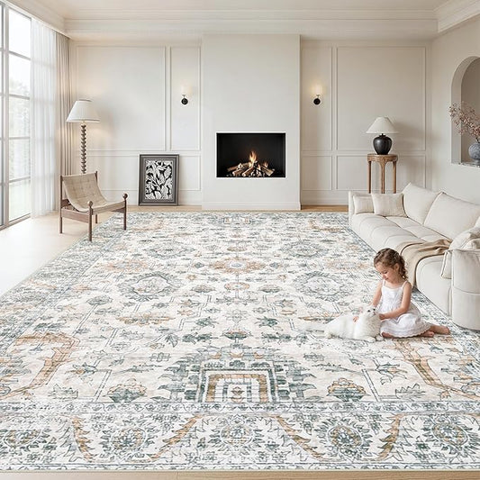 XLUEZ Area Rug 10x14 Living Room Rugs, Machine Washable Vintage Distressed Boho Area Rug Non-Slip Soft Low Pile Large Indoor Rugs for Bedroom Kitchen Dining Room Office(Brown Green,10'x14')