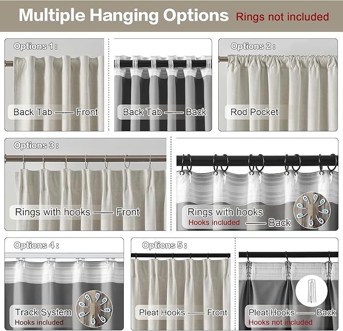 Natural Birch 90 Inch Long Extra Wide Linen Blackout Curtains for Large Windows,Back Tab Pleaetd Drapes with Hooks Track System Curtain Panels Room Divider Curtains for Patio Sliding Door 70 x 90