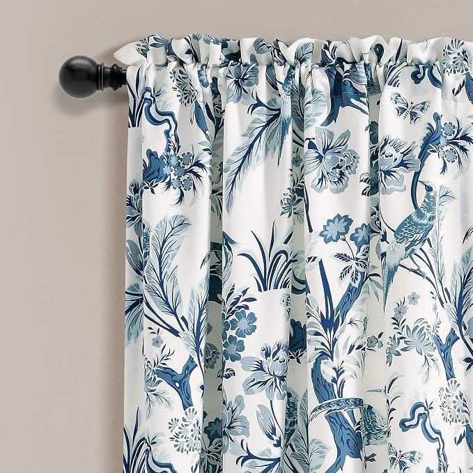 Lush Decor Dolores Light Filtering Window Panels, Pair, 52" W x 63" L, Blue - Floral Curtains for Bedroom - Vintage Curtains - Coquette Room Decor