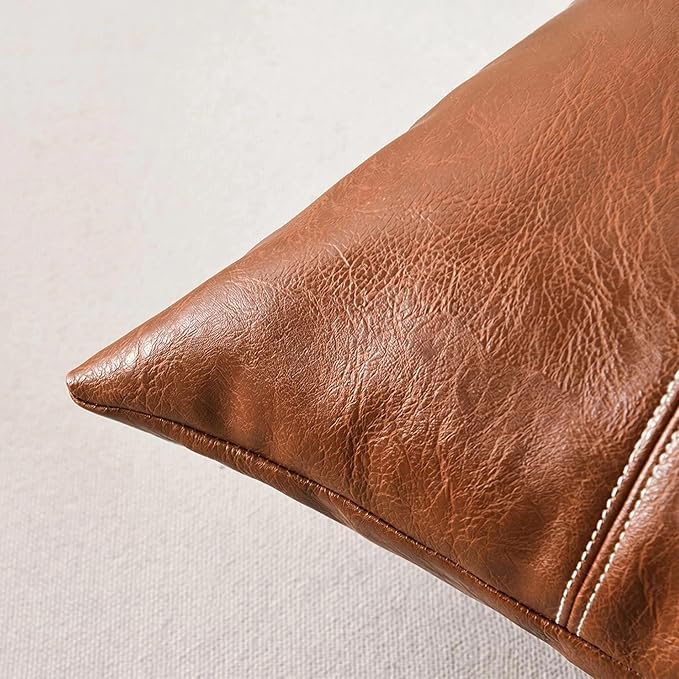 Fancy Homi Brown Boho Long Square Faux Leather Decorative Throw Pillow Covers 22x22 Inch for Living Room Couch Bed Sofa, Hand Stitched Cushion Case, Rustic Modern Farmhouse Home Decor