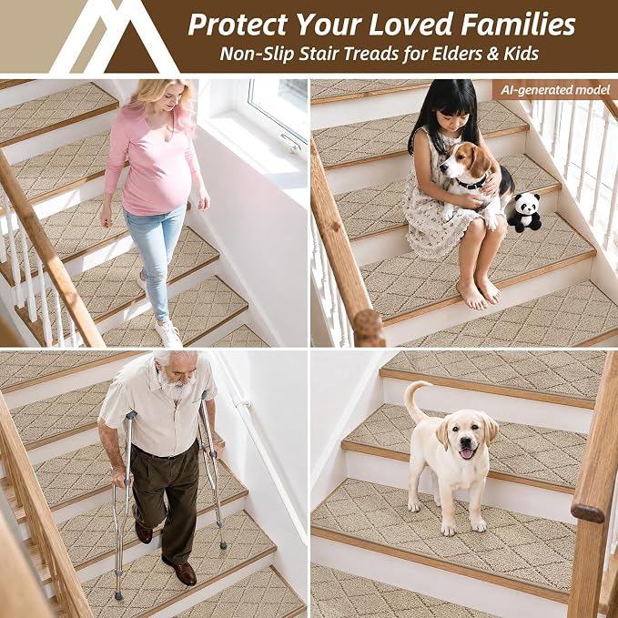 COSY HOMEER Stair Treads for Wooden Steps 11"x30" Washable Indoor Carpet Stair Treads Non Slip Soft Polyester Stair Carpet Tread Reusable Stair Runner Rugs for Kids, Elders,Pets,Beige,15pcs