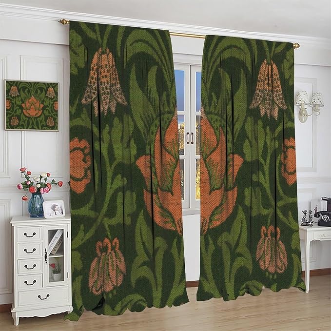 Vintage Bohemia William Morri Plant Flowers Blackout Window Curtains, Abstract Art Retro Plants Pattern Print Window Drapes, for Bedroom Living Room 27.5(W)*63(L) 2 Panels