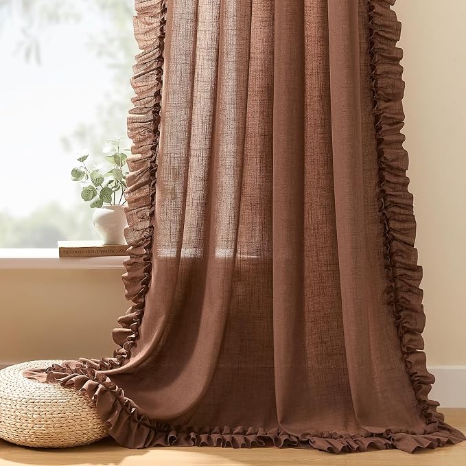 Dark Terracotta Linen Curtains for Bedroom,2 Panels W47 x L54 Inch Light Filtering Semi-Sheer Organic Modern Ruffled Curtains Rod Pocket Vintage Earth Tone Cottage Boho Farmhouse Privacy Window Drapes