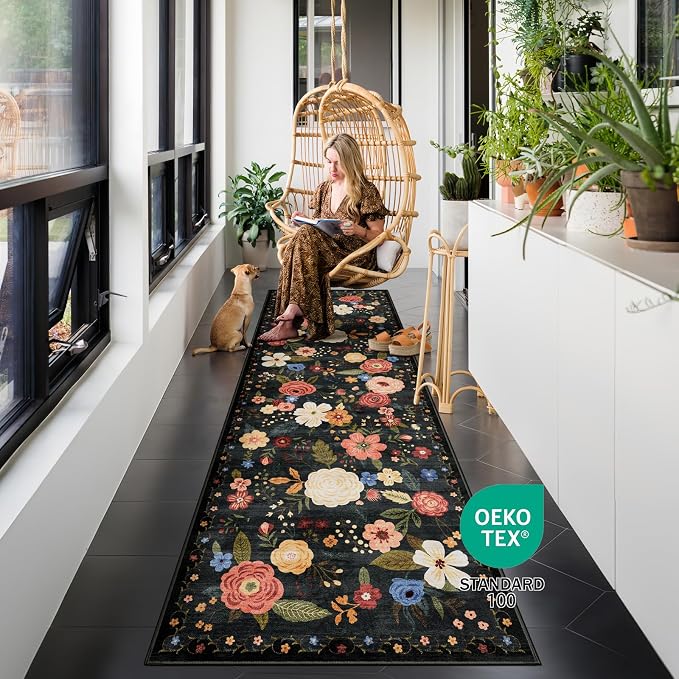 2x6 Machine Washable Runner Rug, Kitchen Hallway Area Rug Black Green Vintage Boho Floral Non-Slip Low Pile Soft Faux Wool Carpet Kids and Pets Friendly for Bedroom Entryway Nursery Home Decor Rug
