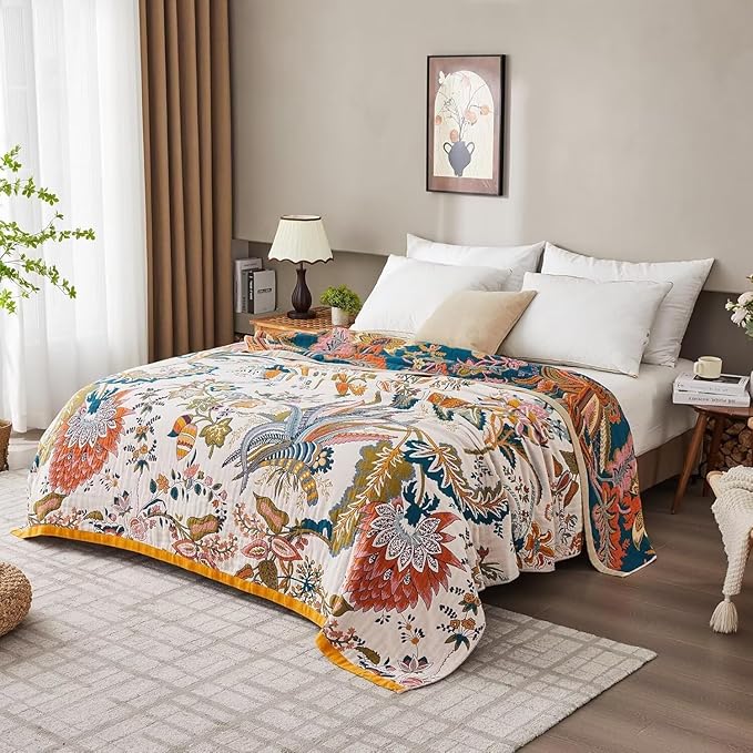 Boho Throw Blanket Farmhouse Decor Throw Blanket Bohemian Blanket for Bed 100% Cotton Muslin Woven Couch Blanket All Seasons Quilt Bedroom (Beige, 50"x60")