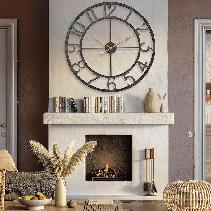 36 Inch Extra Oversized Large Giant Modern Decorative Wall Clock,Vintage Industrial Farmhouse Black Metal Big Arabic Numerals Large Clocks for Living Room Decor,Entrance Fireplace,Dining Room