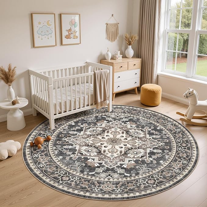 6ft Round Area Rug: Washable Vintage Neutral Soft Non Slip Thin Large Floor Carpet for Living Room Bedroom Kitchen Dining Room Home Office Farmhouse Indoor - Black