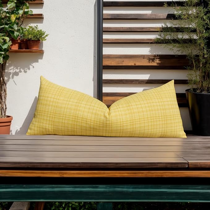 Kevin Textile Outdoor Waterproof Throw Pillow Covers 14x36 Inch Pack of 1 Woven Faux Linen Decorative Water Resistant Long Body Lumbar Cushion Covers for Tent Patio Garden Couch Sofa Yellow