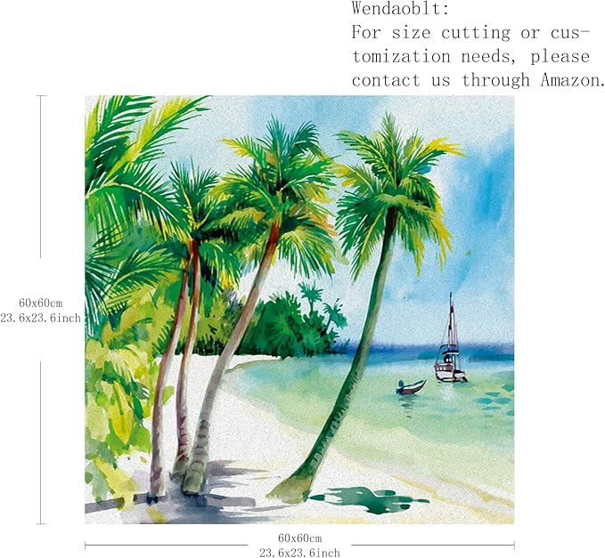 Tropical Frosted Window Film Stickers, Beach Boat Shore Summer Coast Watercolor Landscape, UV Blocking Privacy Window Clings for Home, Azure Blue 60x60cm/23.6x23.6in