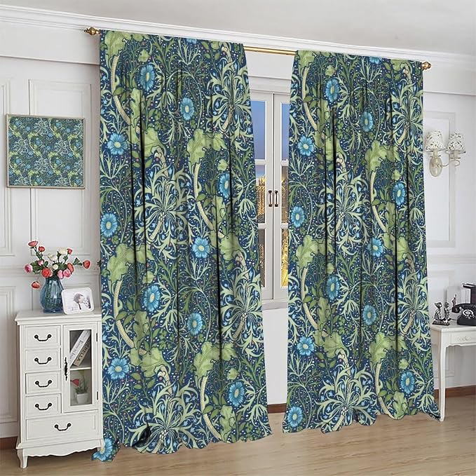 William Morris Floral Blackout Curtains, Country Farmhouse Flower Boho Retro Pattern Window Drapes, for Living Room Bedroom 31.5(W)*63(L) 2 Panels