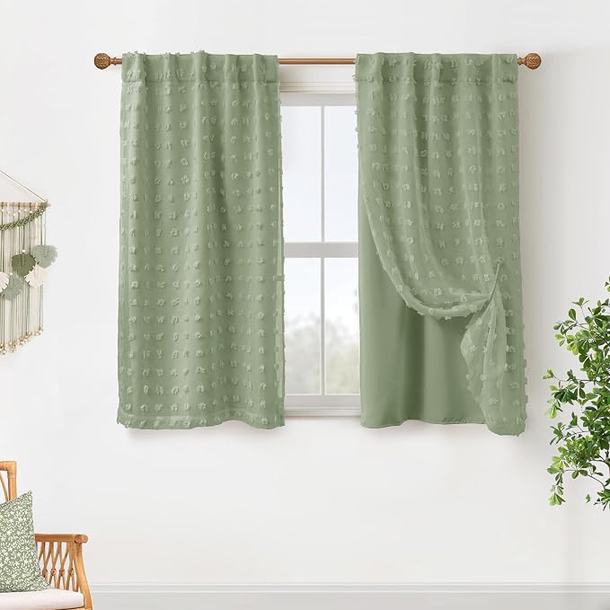 Lino Rosa Back Tab Pom Pom Sage Green Curtains for Girls Room Bedroom Bathroom Nursery Curtains Double Layer 34x45 Inch Length