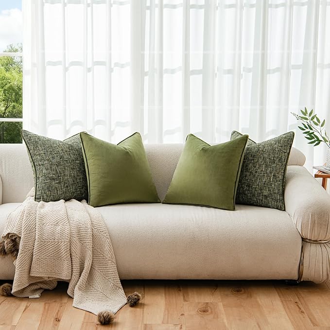 a moment Dark Green 4 Pack Throw Pillow Covers - Chenille & Velvet Set with Piping, Farmhouse Textured Design Pillow Cases for Couch Sofa Bed Livingroom (22x22 Inch, No Insert)