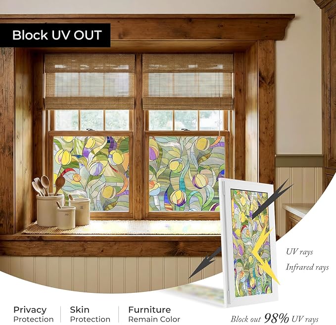 3D Stained Glass Window Film, Decorative Window Privacy Film for Bathroom,Front Door,Home, Sun Blocking Heat Control,Static Cling, Moonlight Tulip, 23.6inch x 35.4inch