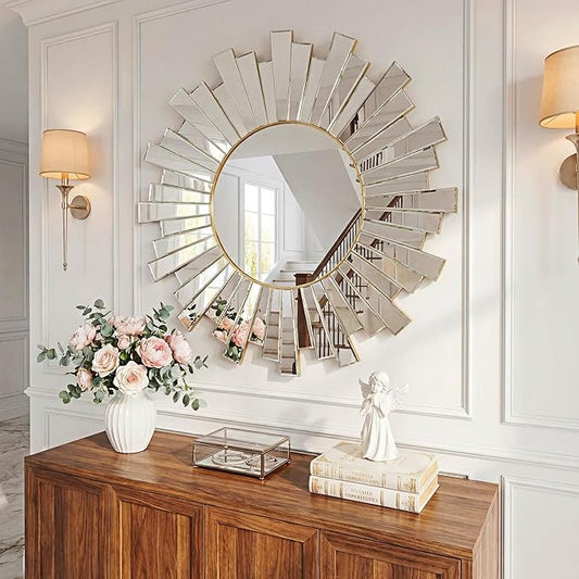 PERHOM 26"x26" Sunburst Mirror, Starburst Mirror with Glass Frame,Sun Wall Decor Mirrors for Living Room, Bedroom, Entryway, Dinner Room, Fireplace