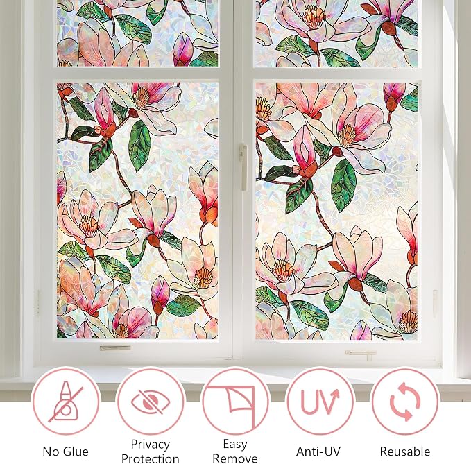 Kromapolis Window Privacy Film, Stained Glass Sticker Floral Window Clings, Decorative Static Clings UV Blocking Colorful Decals, Removable Vinyl Covering Rainbow Magnolia Flowers, 29.5'' x 78.7''