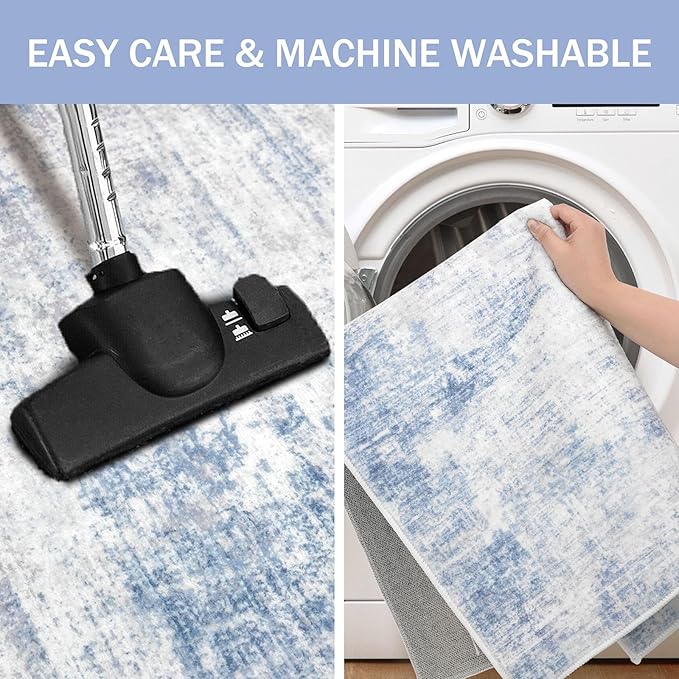 IOHOUZE Abstract Runner Rug 2x10 Ft Washable Runners for Hallways, Non Slip Kitchen Runner Printed Faux Wool Entryway Runner Indoor, Modern Abstract Floor Carpet for Hall Kitchen, Light Blue Grey