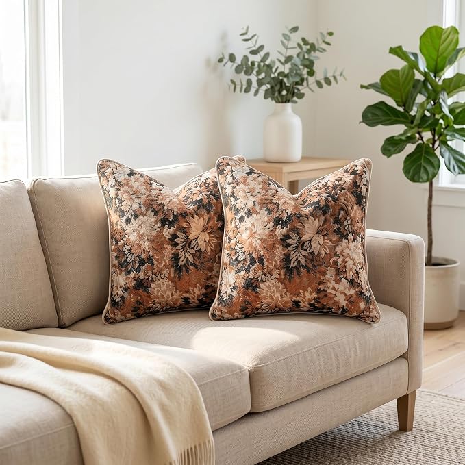 Vintage Floral Throw Pillow Covers 20x20 Inches Set of 2 Boho Farmhouse Pillow Cases Premium Chenille Textured Decorative Cushion Covers for Couch Retro Garden Farmhouse Style Caramel