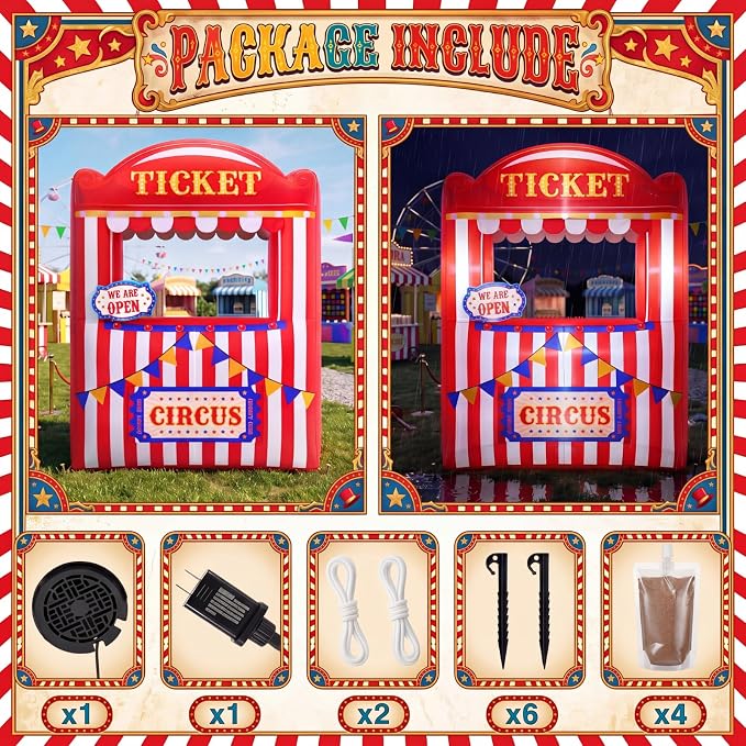 Soulchen 6 x 5 ft Inflatable Circus Ticket Booth Decor with Built in LEDs Lighted and Air Blower, Carnival Party Decoration Blow up Giant Events Birthday Photo Props