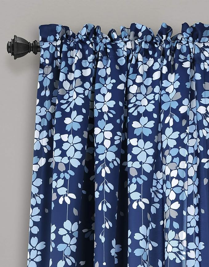Lush Decor Weeping Flower Light Filtering Window Curtain Panels, Pair, 52"W x 84"L + 2" Header, Navy - Charming Modern Floral Curtains for Living Room, Dining Room, & Bedroom