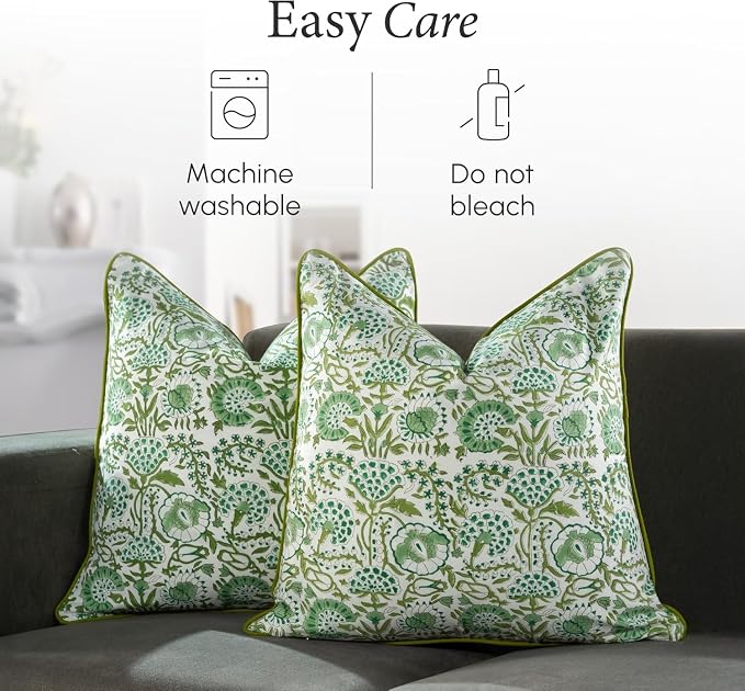 CPC 100% Cotton Throw Pillow Covers 16x16 Inch, Set of 2 Pink Block Print Pattern Couch Pillow, Cute Boho Decorative Pillows for Living Room, Bedroom with Hidden Zipper- Agate Green