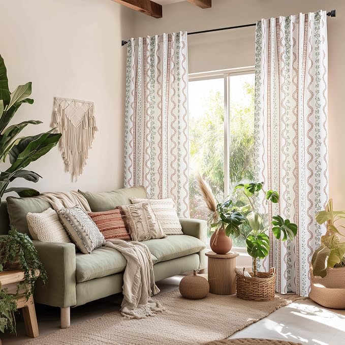 Terracotta and Green Boho Floral Linen Curtains,Farmhouse Striped Sheer Bohemian Curtains for Bedroom Living Room 96 Inches Long 2 Panel Set