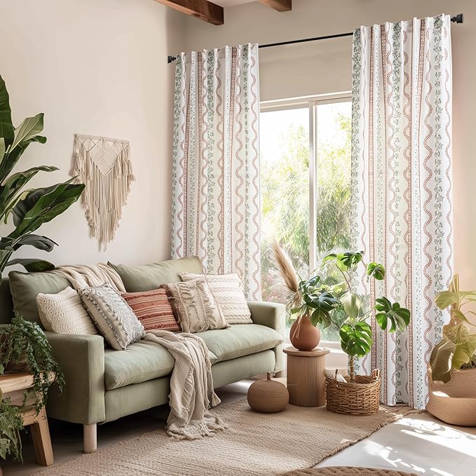 Lino Rosa Bohemian Floral Curtains for Living Room,Boho Linen Sheer Curtains for Bedroom 63 Inches Long Terracotta and Green