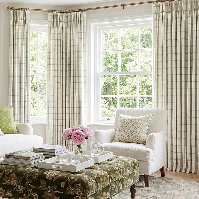 THREE GIRLS Pinch Pleated Plaid Curtains Blackout Linen Gingham Green Curtains for Living Room,Bedroom Checkered 92 Inches Long Double Layer 2 Panels Set Luxury and Modern Printed Design Darkening
