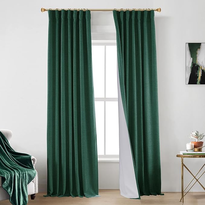 Dark Emerald Green Back Tab Blackout Curtains, Linen Textured Hunter Green Dark Academia Curtains for Bedroom Living Room, 2 Panels