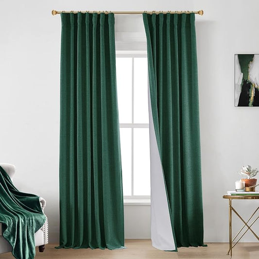 108 Inch Linen Blackout Curtains, 9FT Thermal Insulated Rod Pocket Back Tab Drapes for Living Room Bedroom, 2 Panel Set, 9 FT Length 50'' W x 108'' L, Dark Green