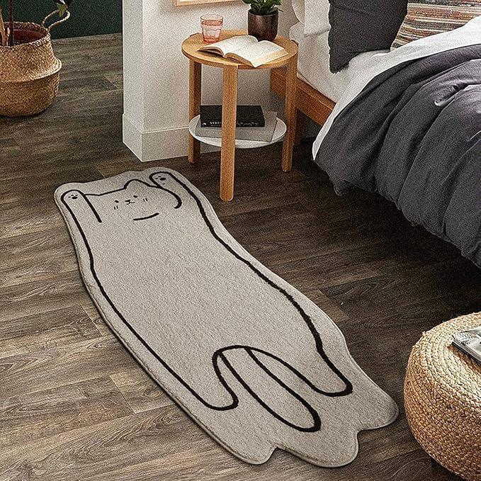 Cat Rugs, 1.3' X 3.9' Small Cute Irregular Shaped Rug for Bedroom Bathroom Room, Funny Cartoon Pet Area Carpet Kid Rugs, Cat Decor Dog Shaped Pet and Children Entryway Runner Rug (B White Cat)