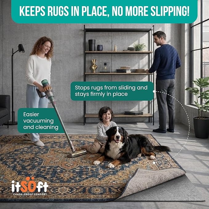 Premium Non Slip Rug Pad 5x8 Feet, 1/4" Thick Cushioned Rug Gripper for Hardwood Floors, Vinyl, Laminate, Stone, Carpet & Tile, Under Rug Padding Protects Floors