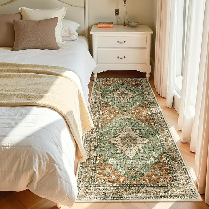 RELEANY Area Rugs Runner 3'x6' Washable Non-Slip, Floral Vintage Distress Medallion Carpet for Kitchen Hallway Bedroom Beside Laundry Room Bathroom, Terracotta Burnt Orange Green