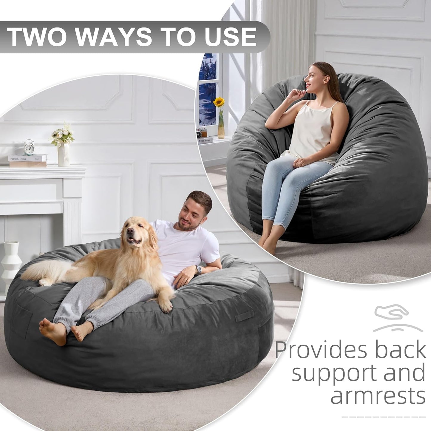 Hobestluk 6FT Bean Bag Chair Bean Bag Chairs for Adults Giant Bean Chairs with Velvet Cover, Memory Foam BeanBag Chair Fluffy BeanBag Chairs for Living Room, Bedroom- Grey (70" x 70" x 15")