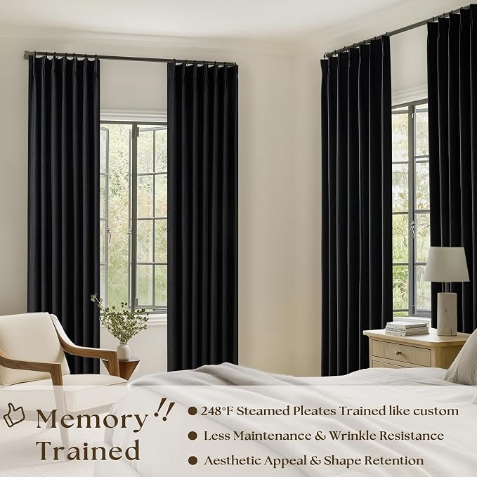 Black Pinch Pleated Linen Blackout Curtains 2 Panels for Living Room Bedroom Thermal Insulated 100% Black Out Linen Drapes with Liner Room Darkening Window Curtains 40x90